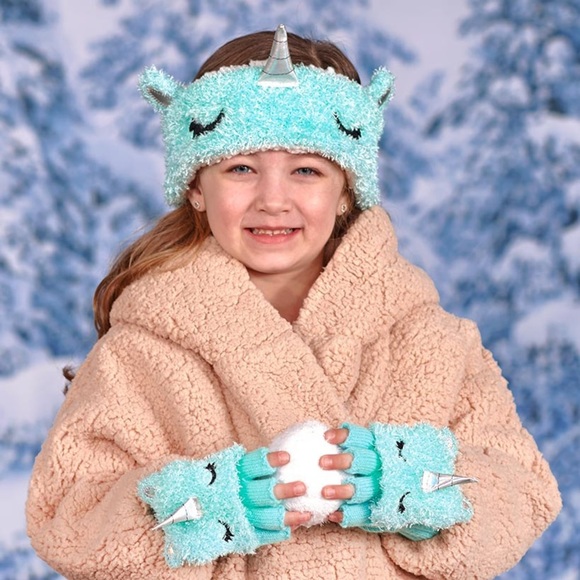NWT Girls Critter Blue Fuzzy Unicorn Headwrap & Flip-Top Glove Sets - Picture 1 of 3